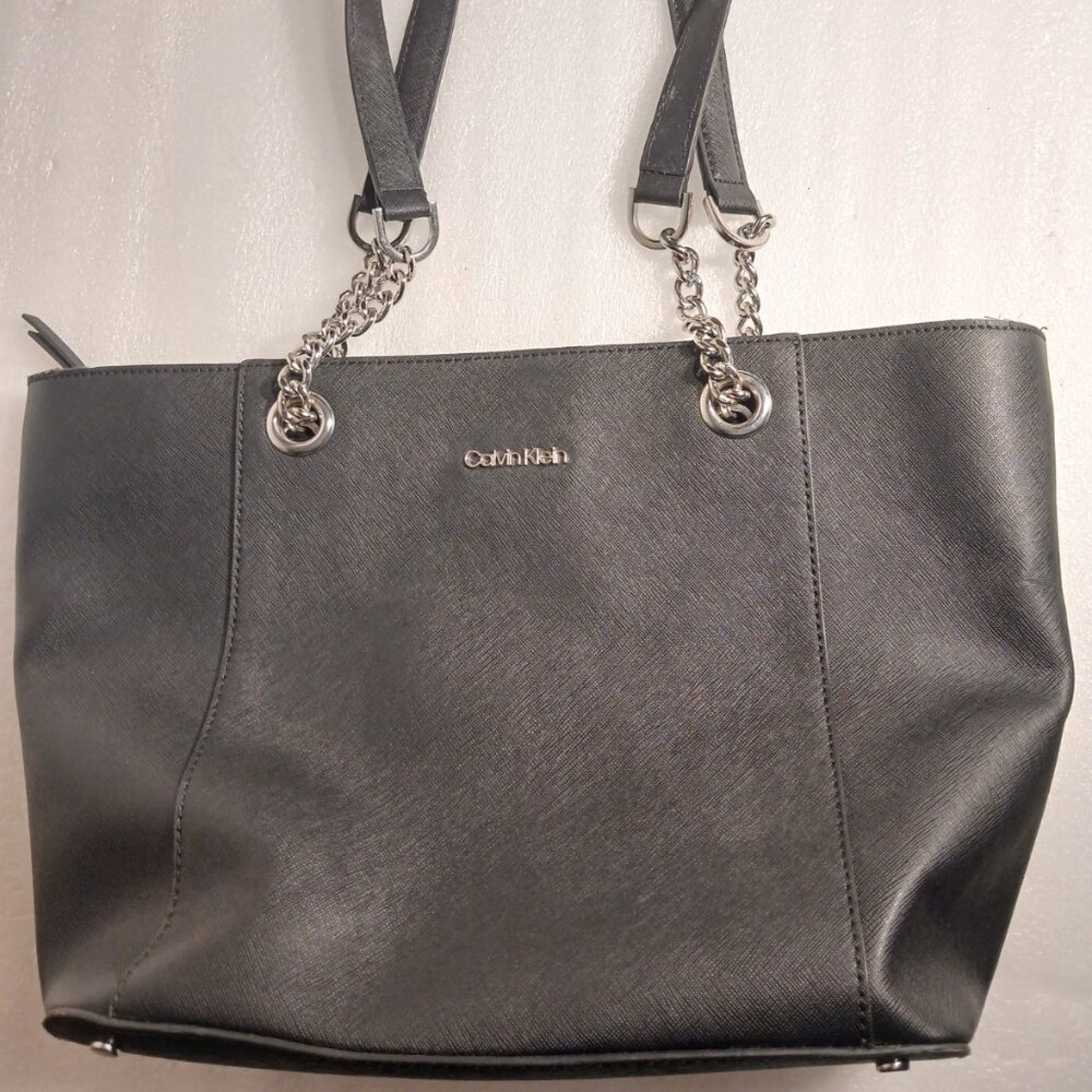 Calvin Klein Hayden Saffiano Black Leather Tote Silver Chain Handles Used